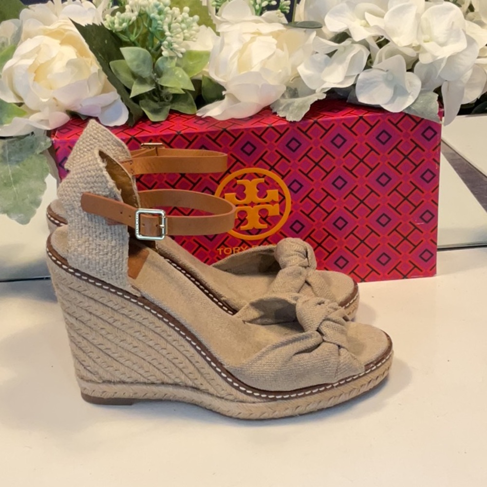 Tory Burch Beige Canvas Espadrille Wedge Sandals with Tan Leather Anklestrap